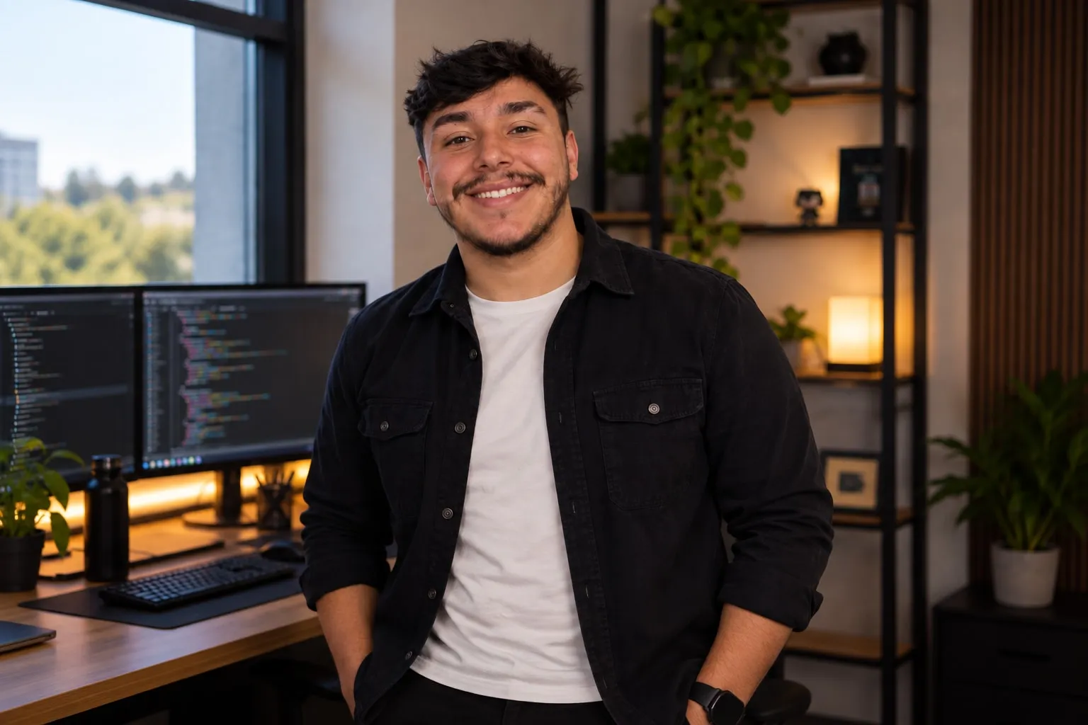 Lucas Gabriel Iensen sorrindo no escritório, com monitores exibindo código ao fundo