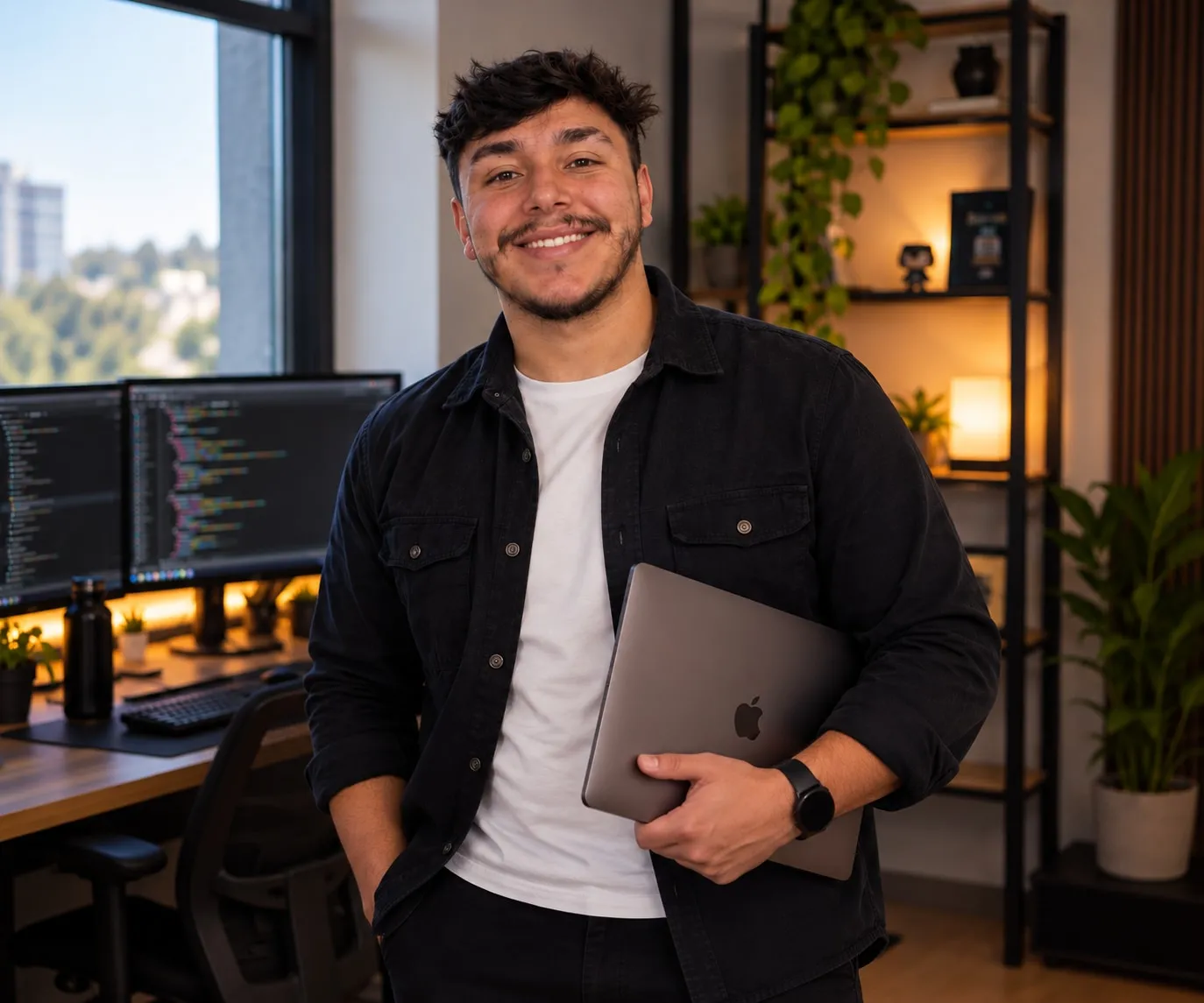 Lucas Gabriel Iensen, fundador da UpCraft, em pé no home office, segurando um notebook