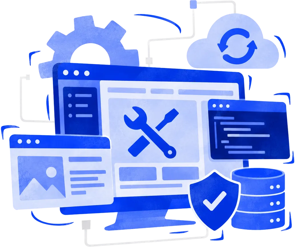 Ilustração de um monitor com ferramentas, escudo de segurança e nuvem de atualização