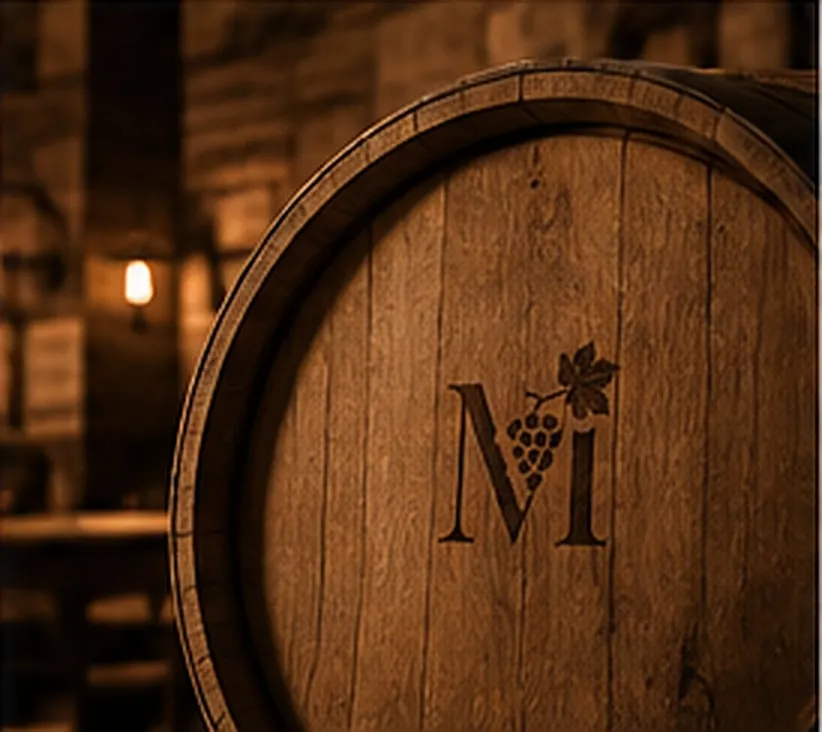 Monograma da Cantina Malucelli gravado em um barril de madeira