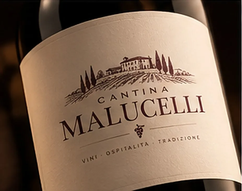 Rótulo de garrafa de vinho com o logotipo da Cantina Malucelli