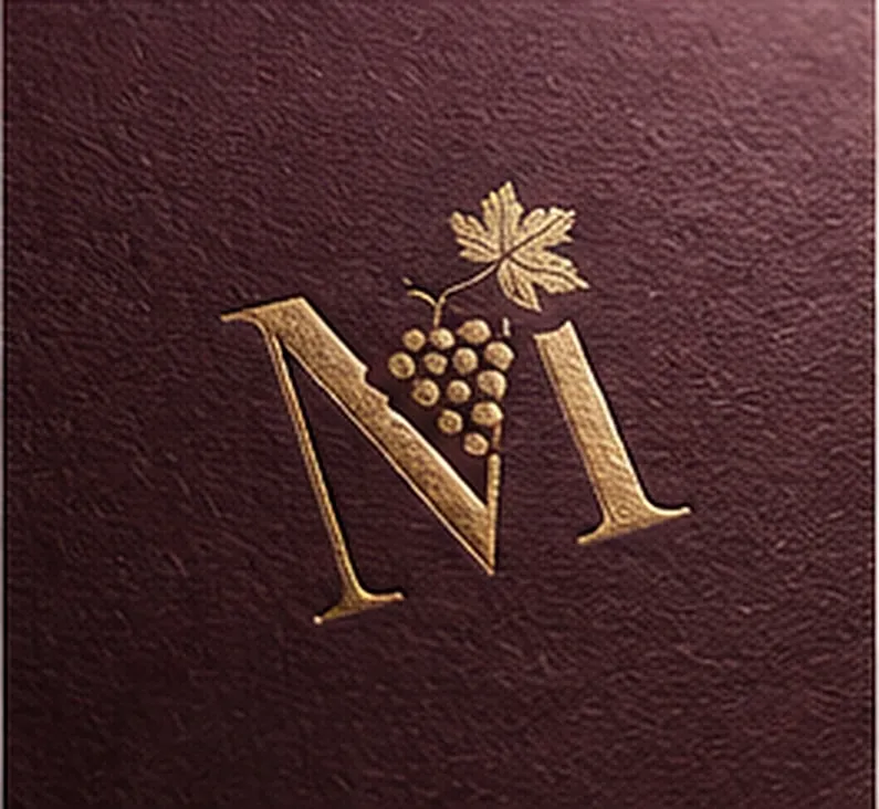 Monograma dourado da Cantina Malucelli em relevo sobre fundo borgonha