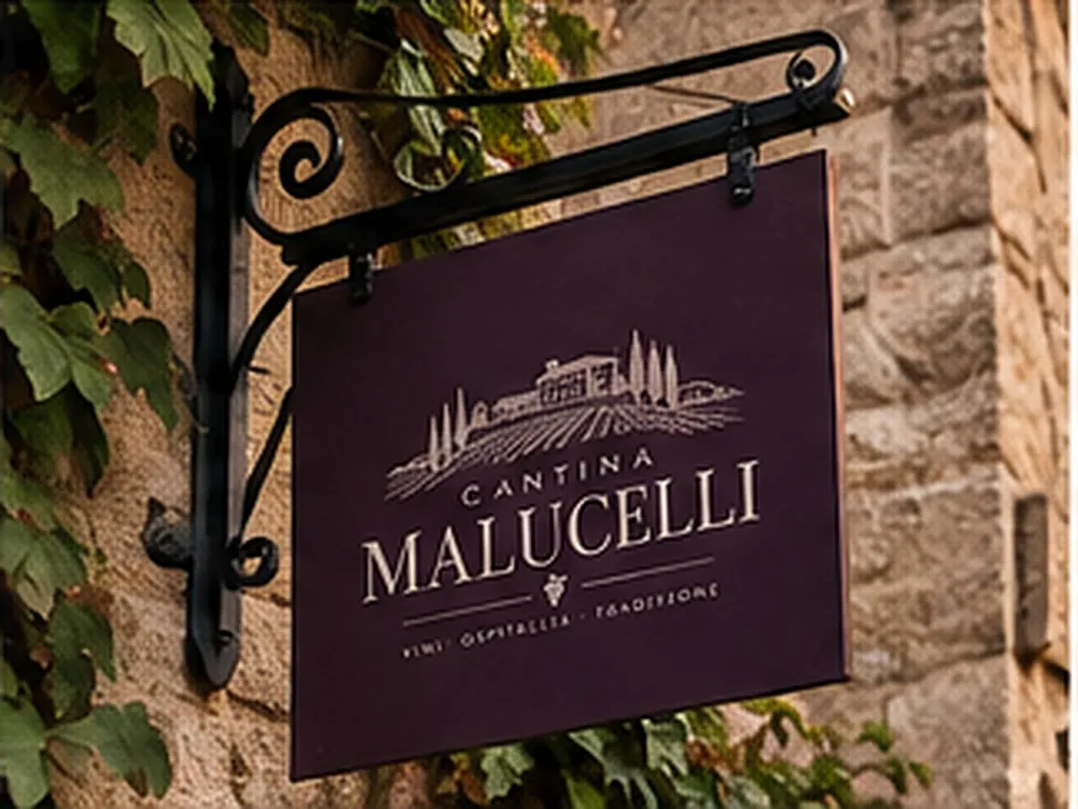 Placa de ferro com o logotipo da Cantina Malucelli em uma fachada de pedra