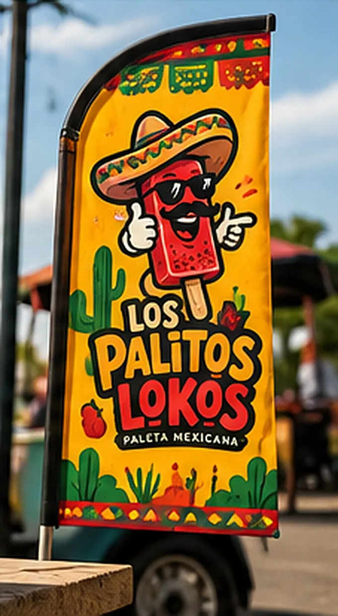 Bandeira de rua com a identidade visual da Los Palitos Lokos