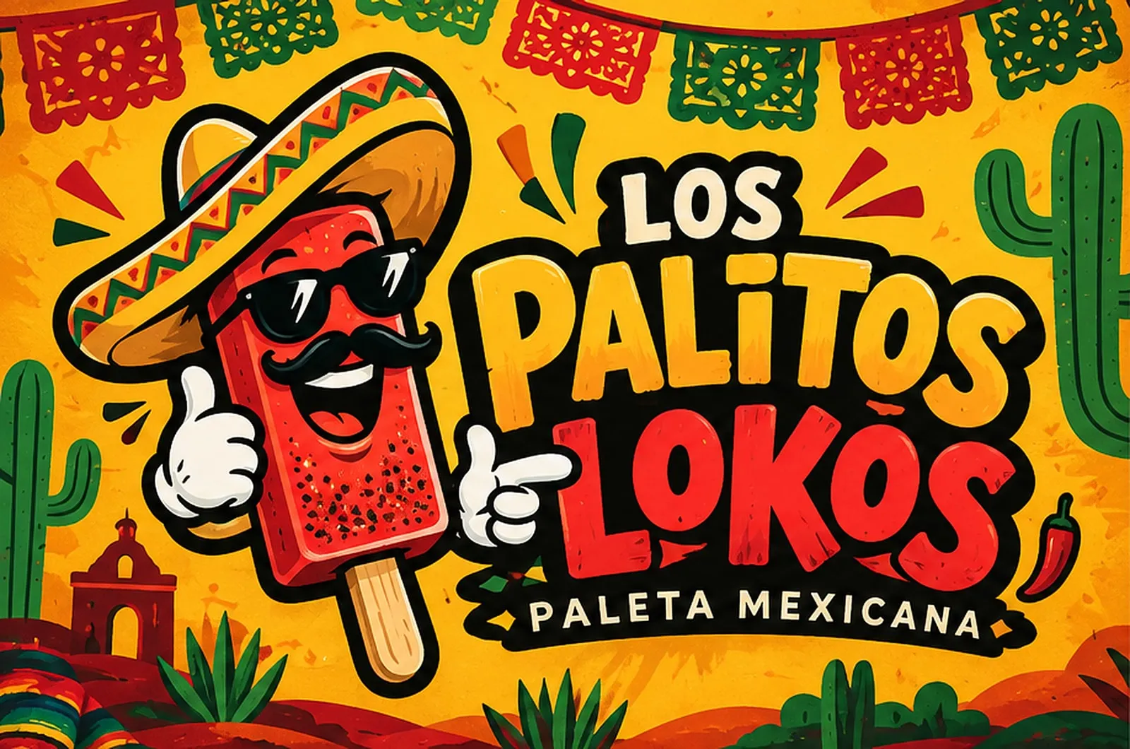 Logotipo da Los Palitos Lokos com o mascote: um picolé de sombrero, óculos e bigode