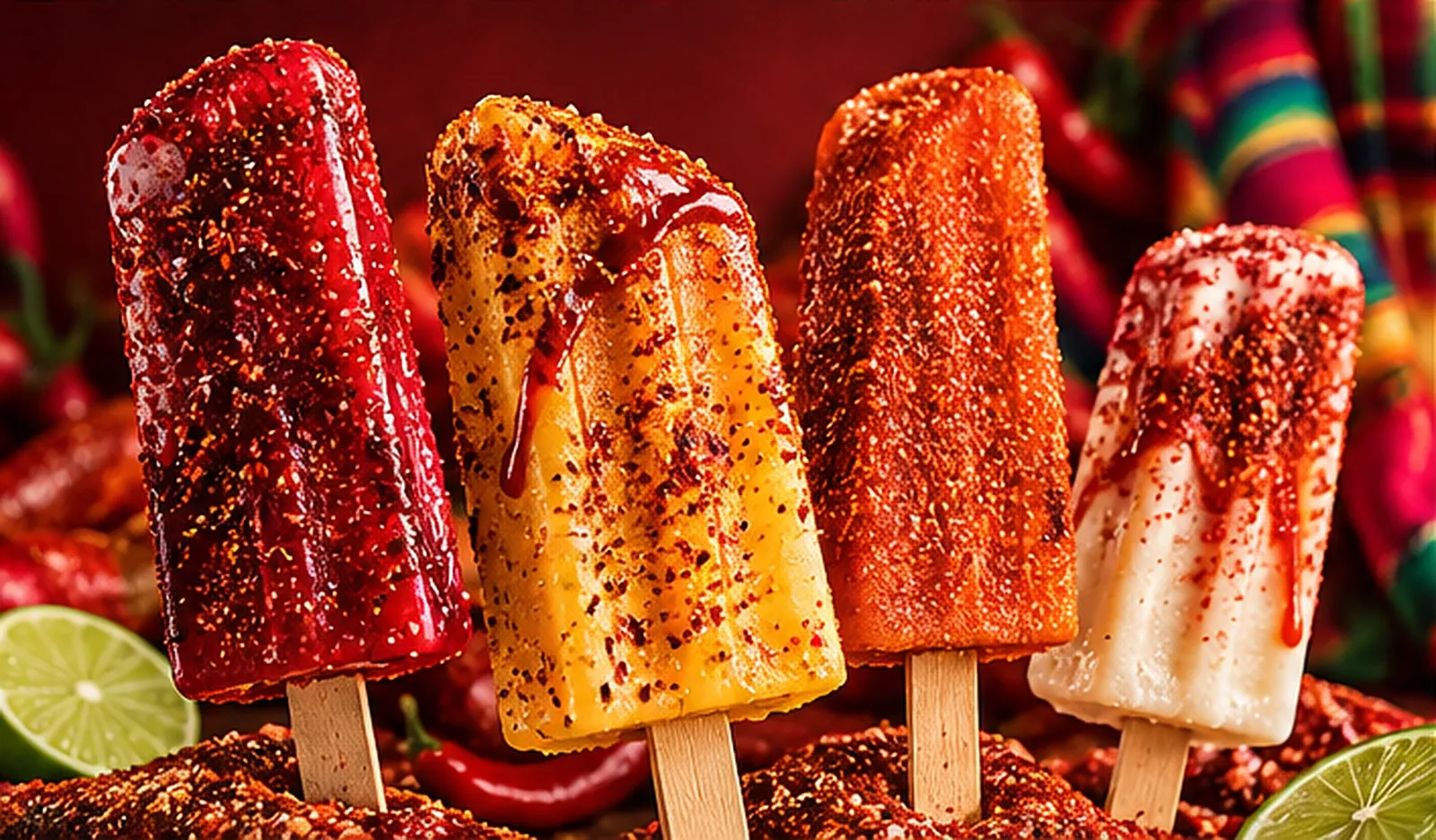 Paletas mexicanas de vários sabores cobertas com pimenta