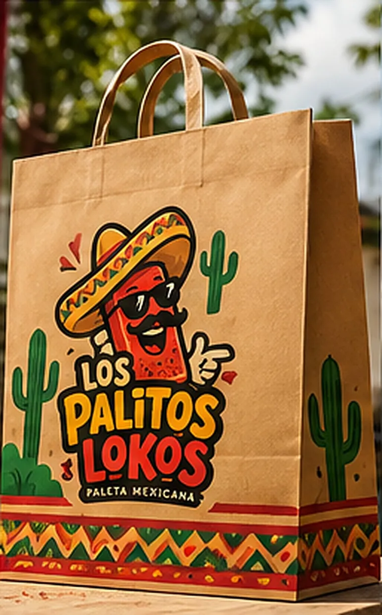 Sacola de papel com o logotipo da Los Palitos Lokos