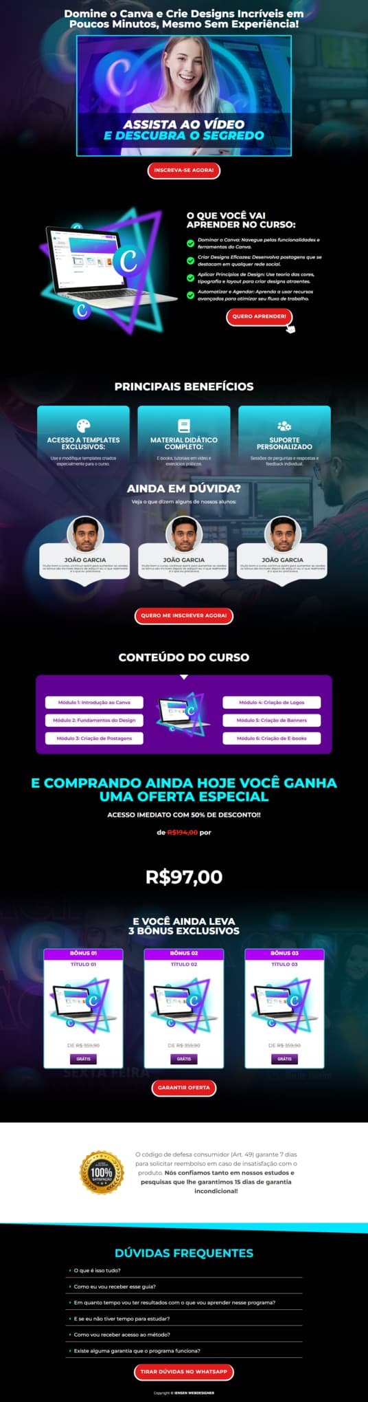 Landing page de curso de Canva