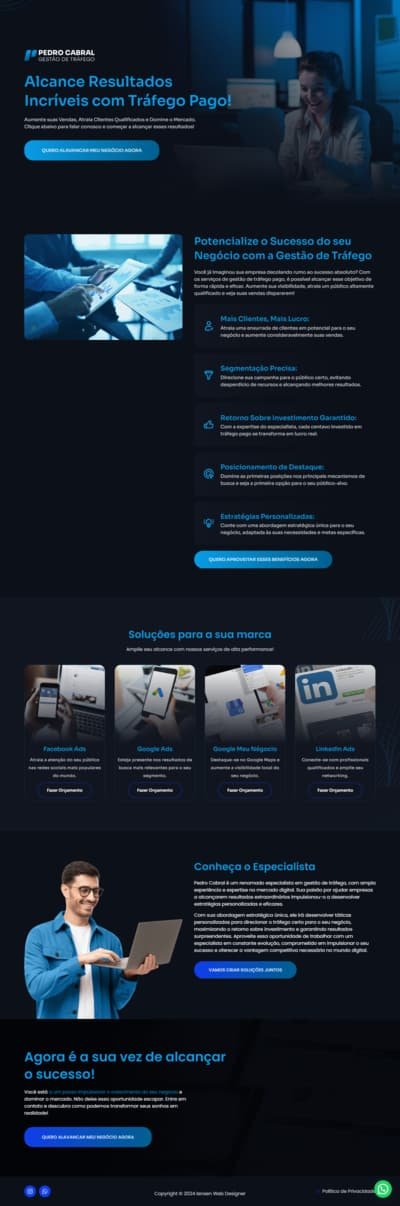 Landing page de Pedro Cabral, gestor de tráfego